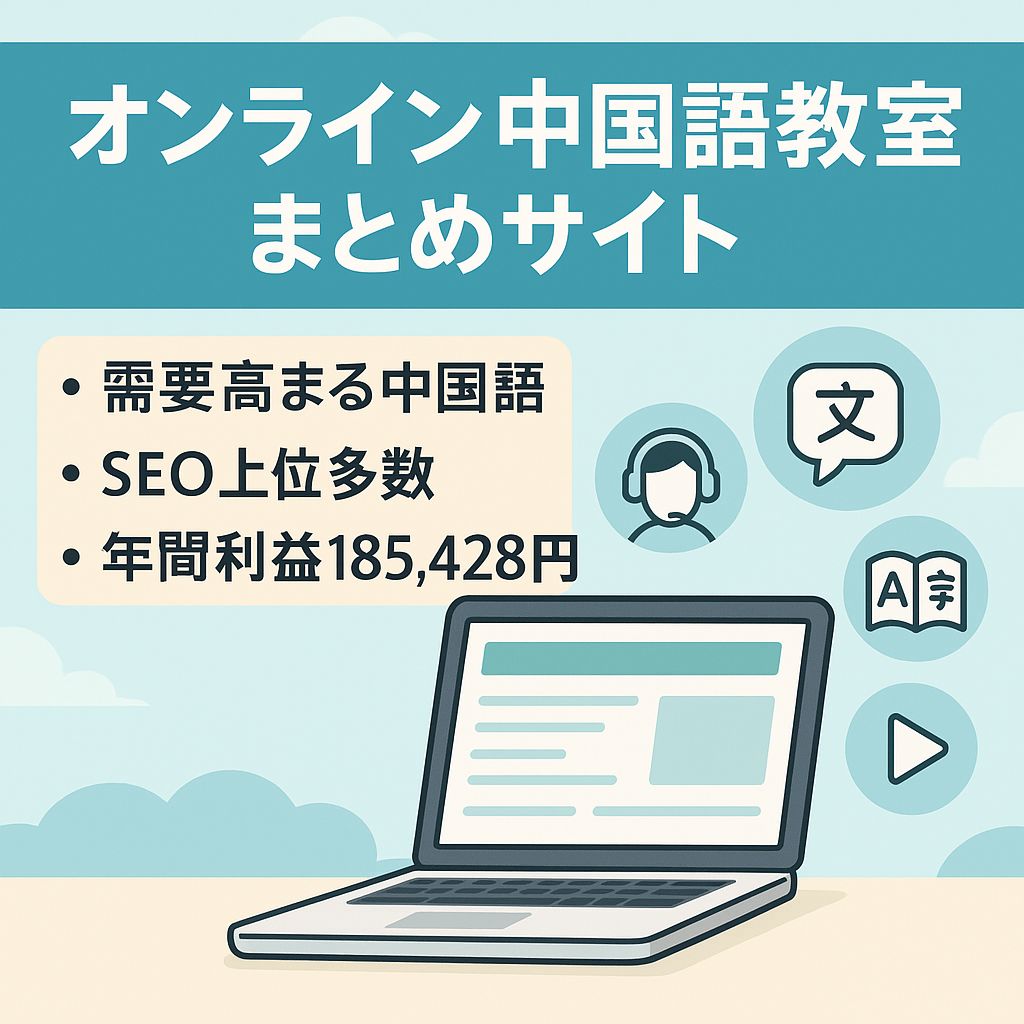 【超特化！SEO上位多数！】(運営歴1年11ヶ月)オンライン中国語教室まとめサイト｜直近1年間総売上195,328円！継続的に収益あり