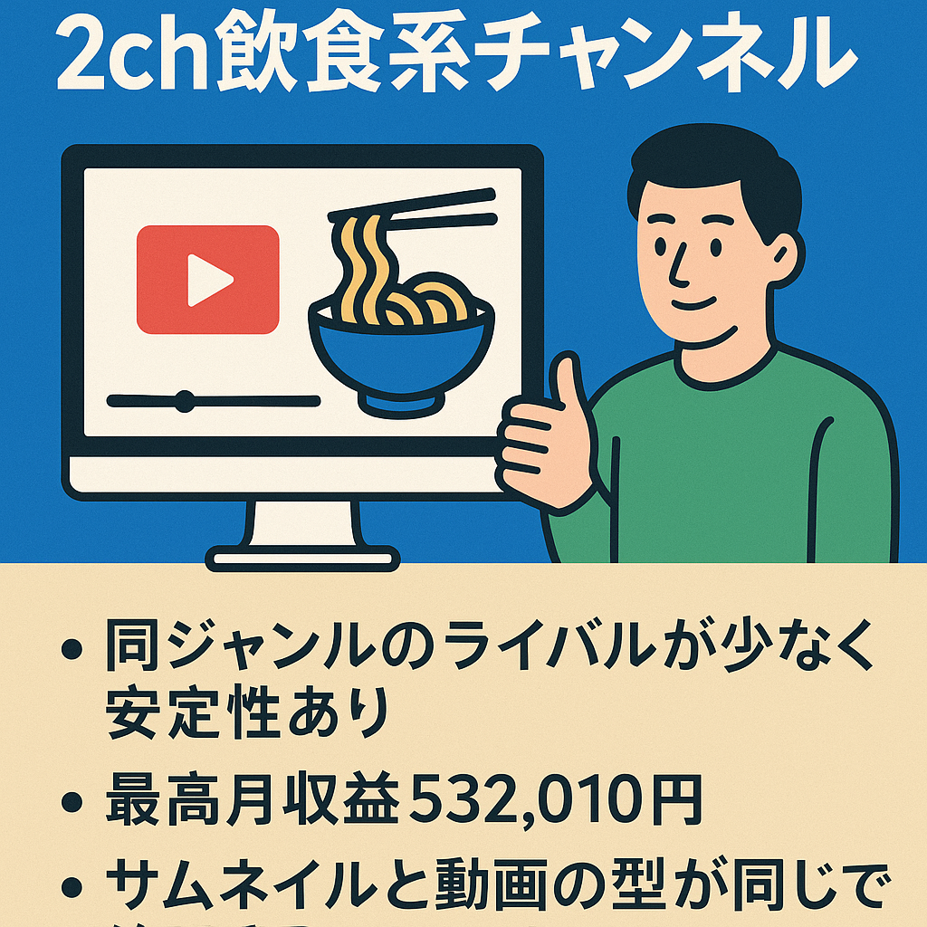 【属人性無し・登録者11000人のニッチジャンル】2ch飲食系チャンネル、2日～3日に1度の更新頻度でも十分収益が見込めます