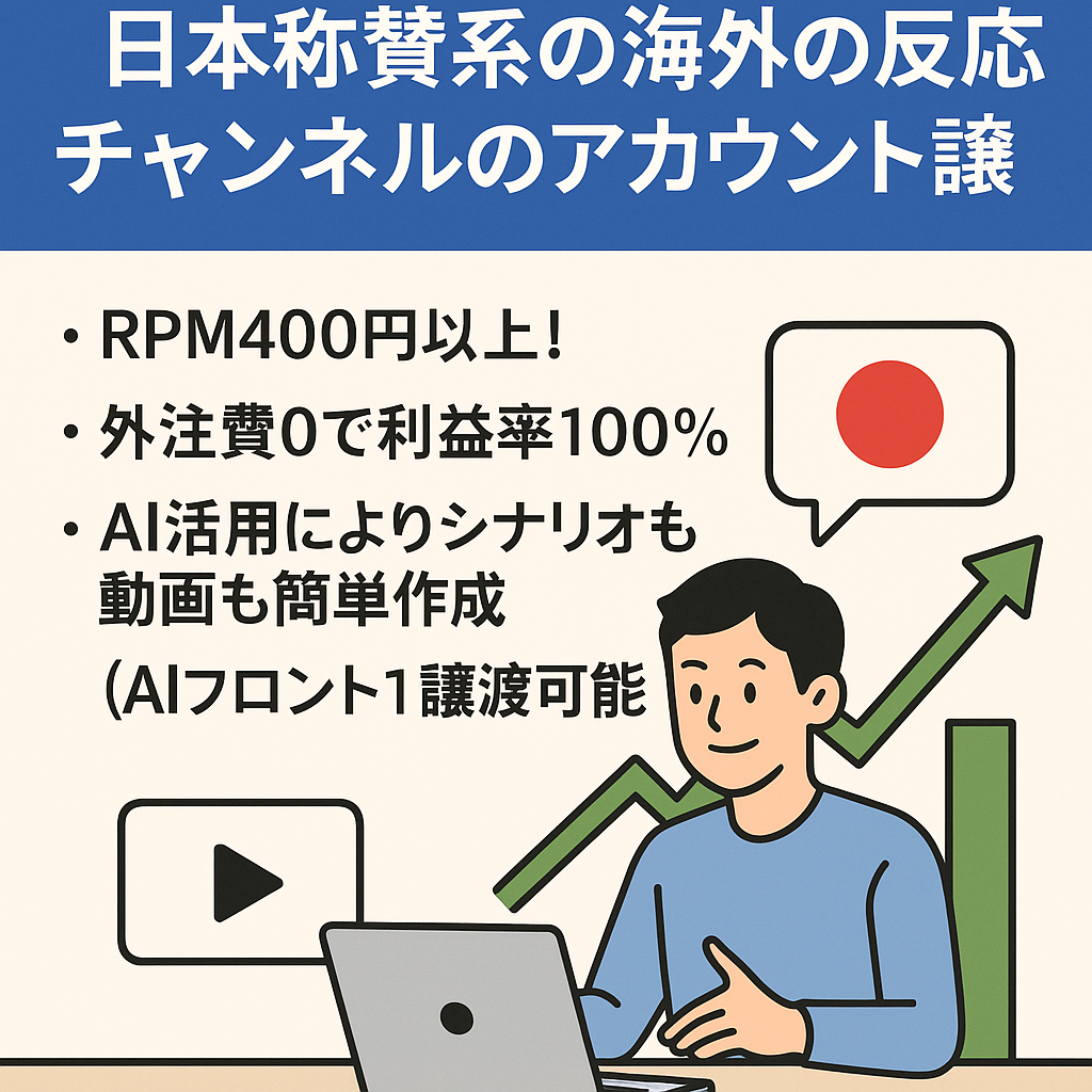 【月収益右肩上がり＆AIプロンプト譲渡】日本称賛系の海外の反応チャンネルのアカウント譲渡（登録者数2300人）【早期売却希望者優遇】【値段交渉歓迎】