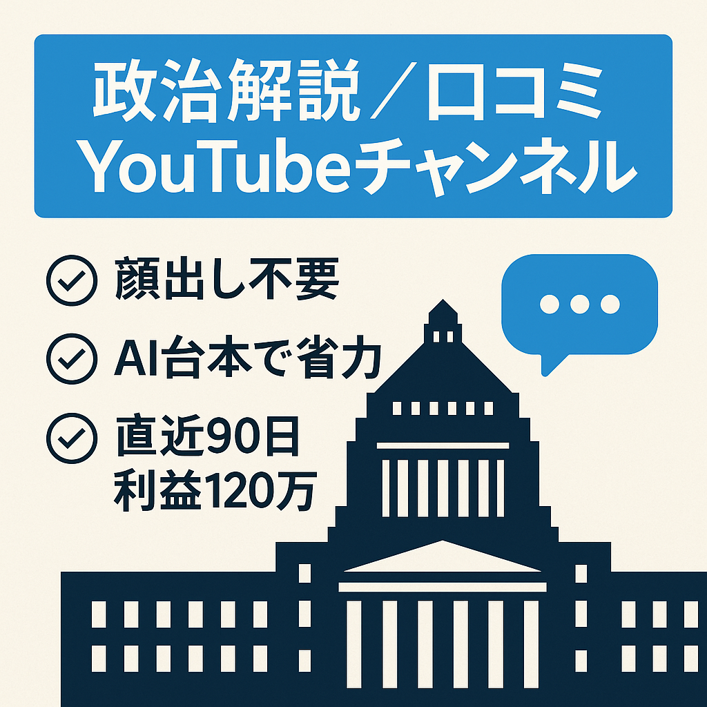 【政治系解説＆口コミ】直近90日で利益120万円突破！【顔出し不要/属人性なし】1動画2~3時間作業で運営可能！