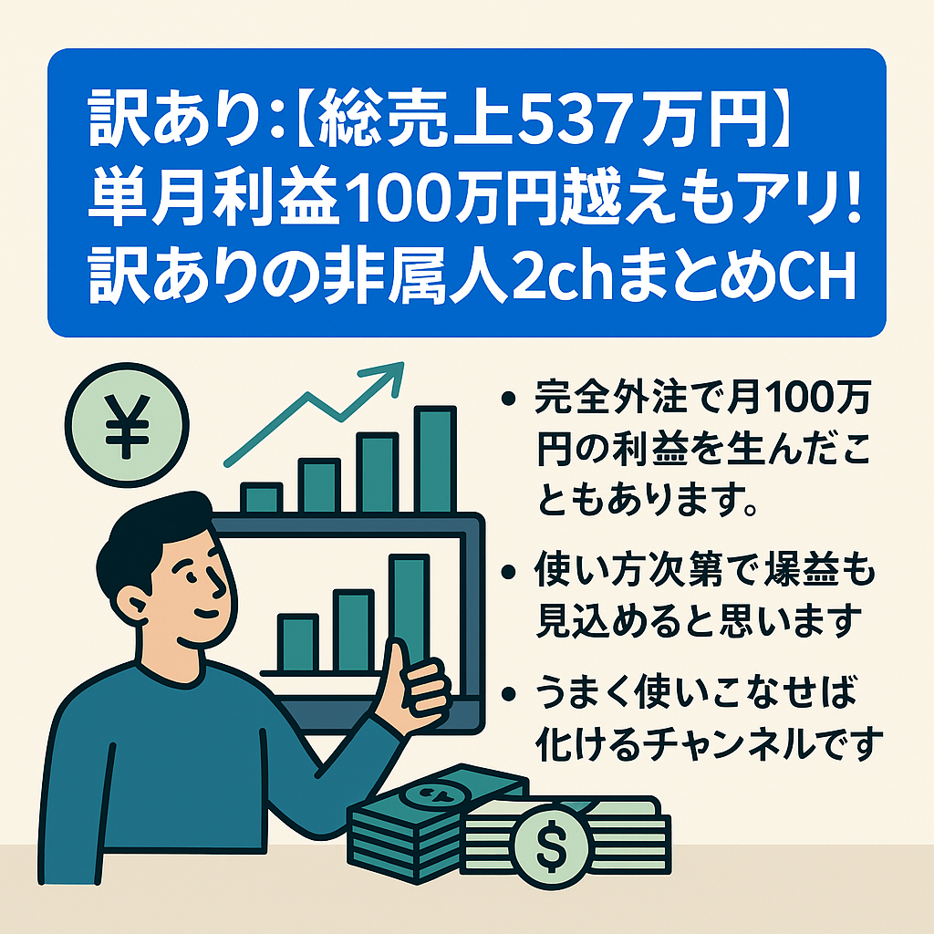 訳あり：【総売上537万円】単月利益100万円越えもアリ！訳ありの非属人2chまとめCH【登録者14,700人】