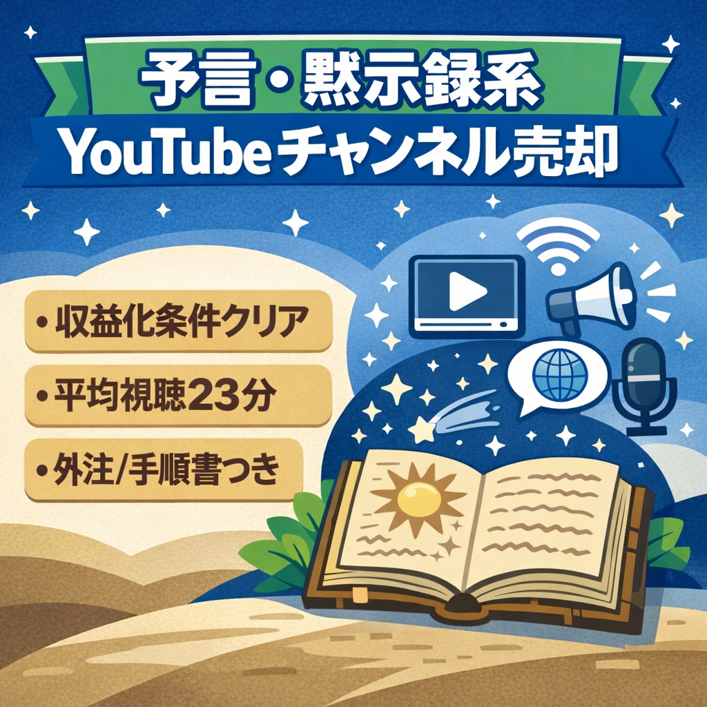 【2/15掲載終了】登録者・総再生時間達成、平均視聴時間23分超！予言・黙示録系チャンネル。外注体制・運用マニュアル・SNS構築マニュアル完備