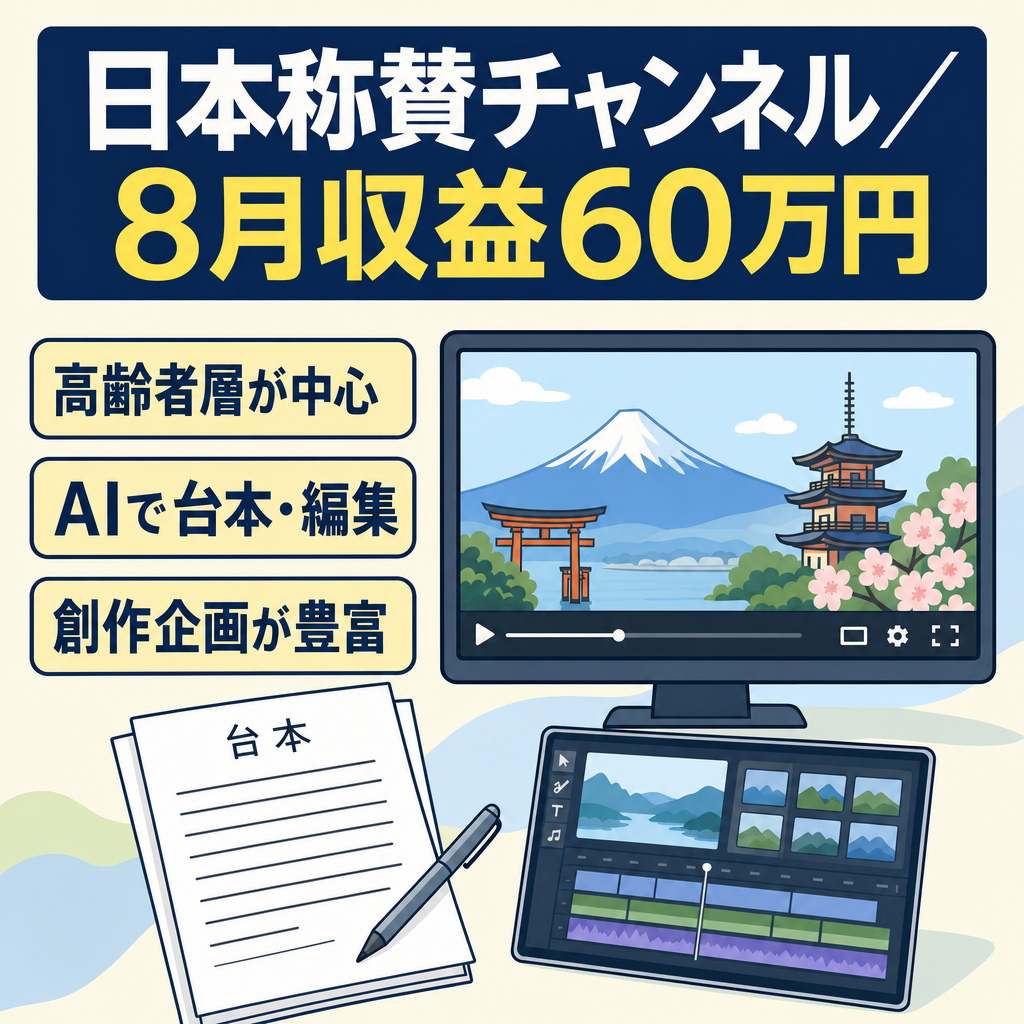 【8月 収益60万円！】日本称賛ch ｜AIで完全簡潔(台本・動画編集)