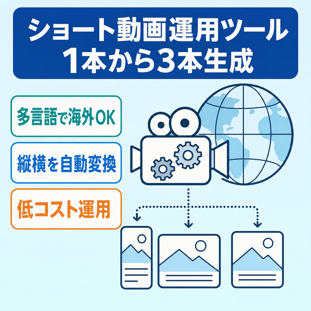 YouTube Shorts・TikTok運用を1本の動画から3本同時生成。ビジネス・美容・エンタメ動画などが数十円で運用も可能