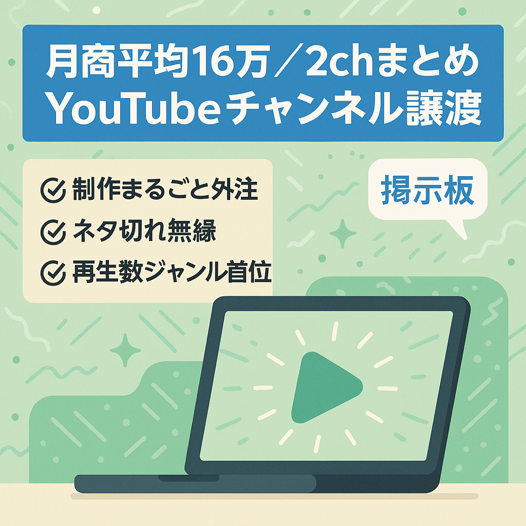 【月間平均月商16万円】2ch まとめYouTubeチャンネルの譲渡（外注利用/1名運営）