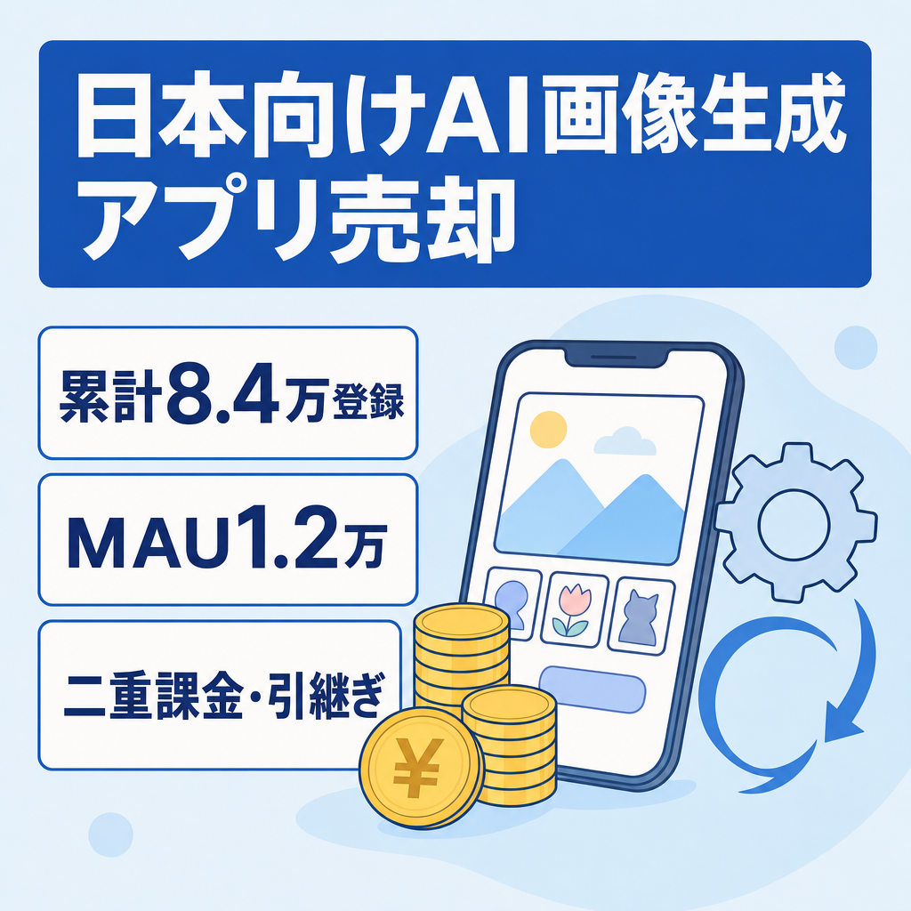 【累計8.4万登録・MAU1.2万】日本市場向けAI画像生成アプリ｜サブスク＋コイン課金の二重収益・自動広告運用システム付き・iOS&Android対応