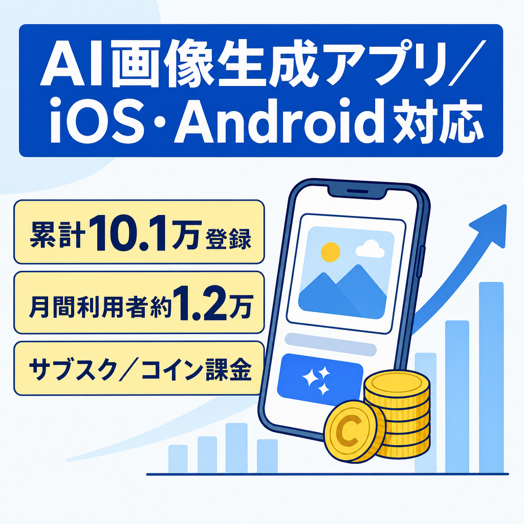 【累計10.5万登録・MAU1.2万】日本市場向けAI画像生成アプリ｜サブスク＋コイン課金の二重収益・自動広告運用システム付き・iOS&Android対応