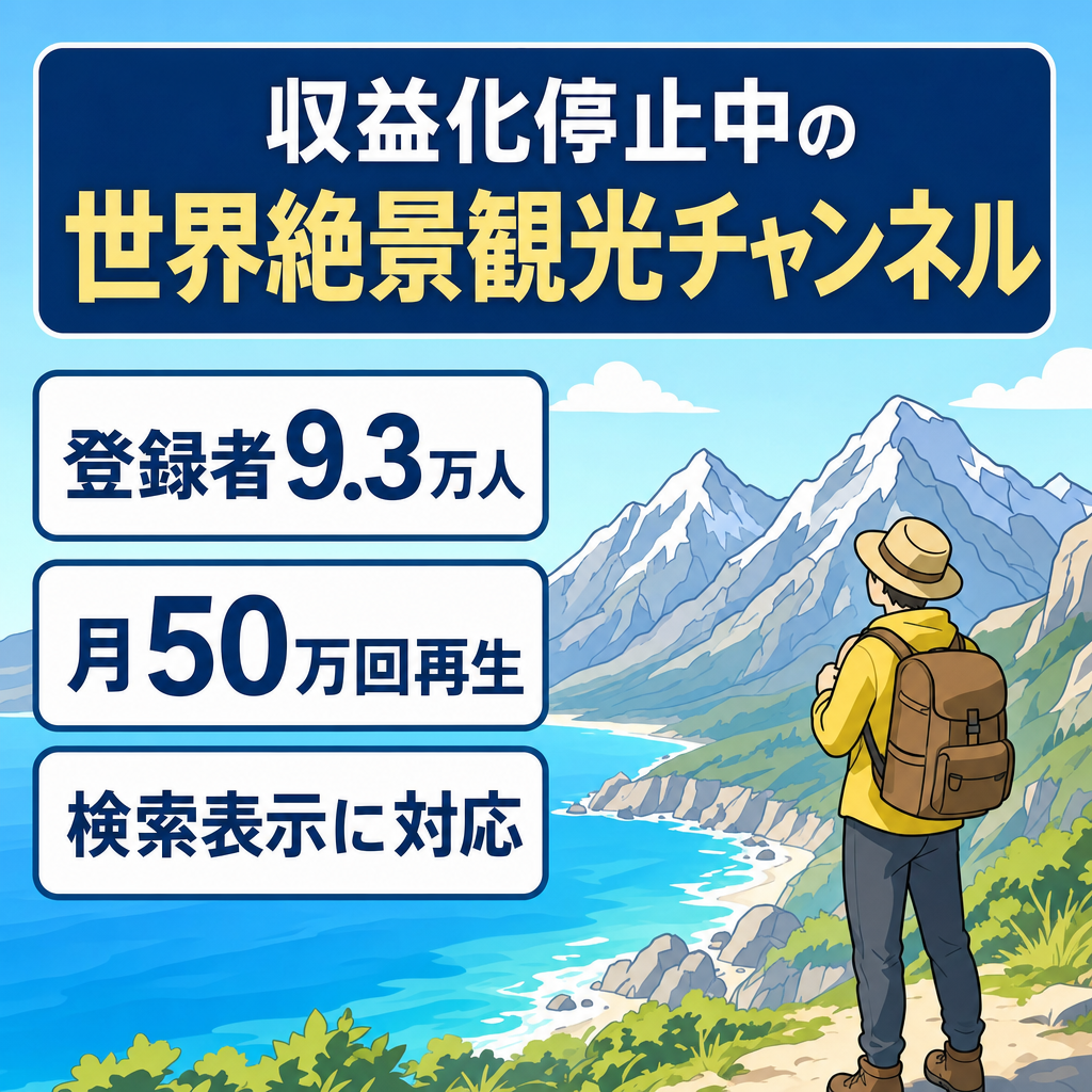 訳あり：【登録9.3万・月50万再生】非属人・顔出しなし／世界の絶景／収益化停止中