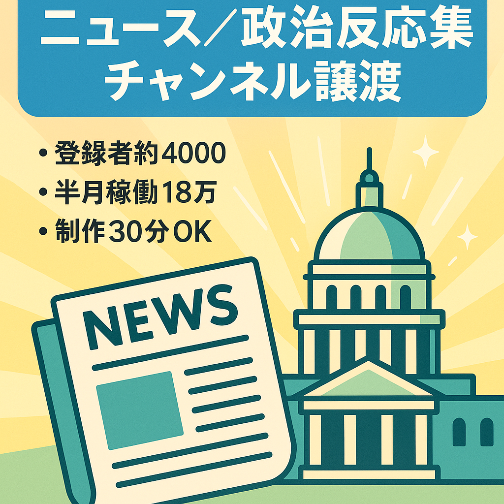 【登録者4000弱/直近月収18万（※半月稼働）制作約30分／非属人化済み／】ニュース・政治系ジャンル反応集チャンネル。2月の選挙への関心が高まる時期に譲渡。