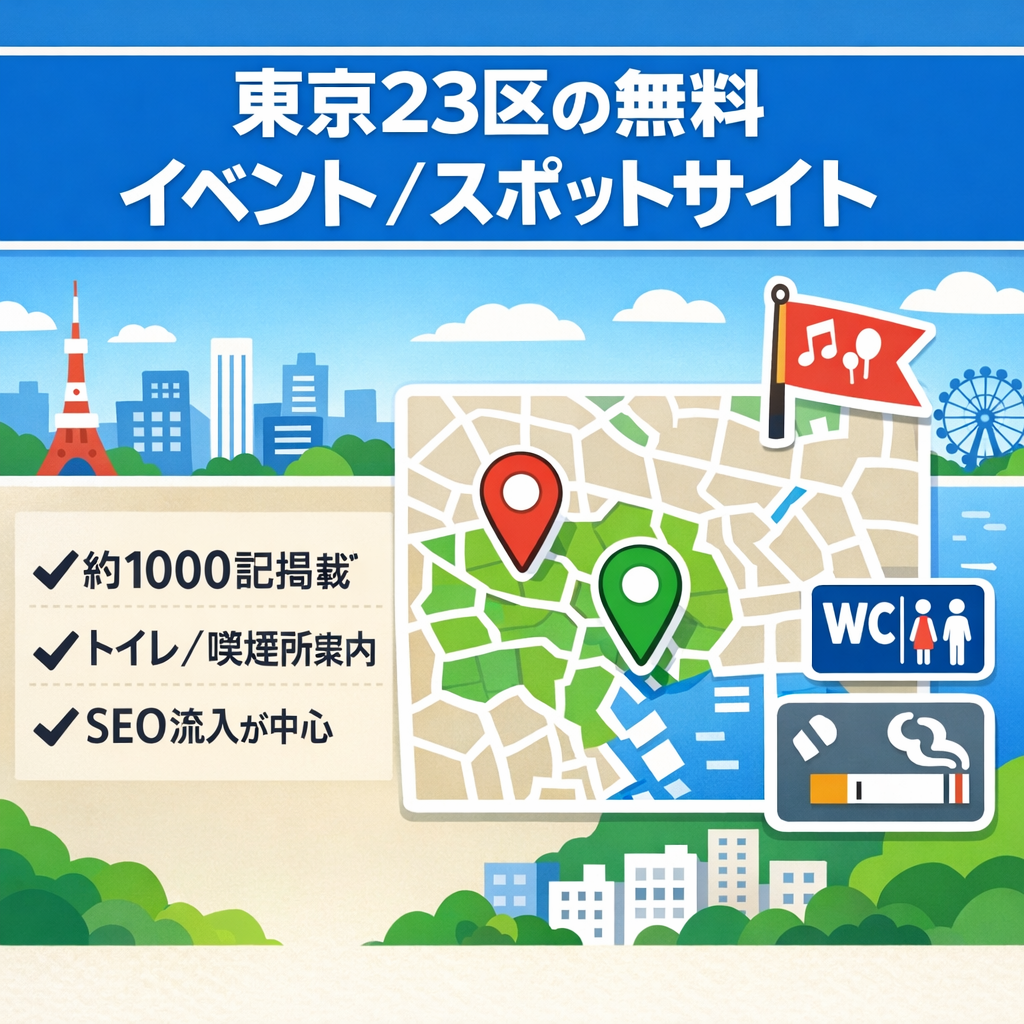 東京23区内での無料イベント情報、無料スポットの情報と ともに、トイレの場所や喫煙所の情報をお届けしています。