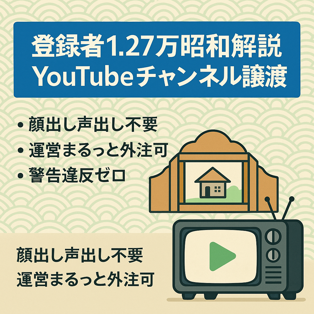🔔7/28正午まで【登録者1.27万人/総再生数約160万回】ゆっくり昭和解説のYouTubeチャンネル譲渡【顔出し声出しナシ】