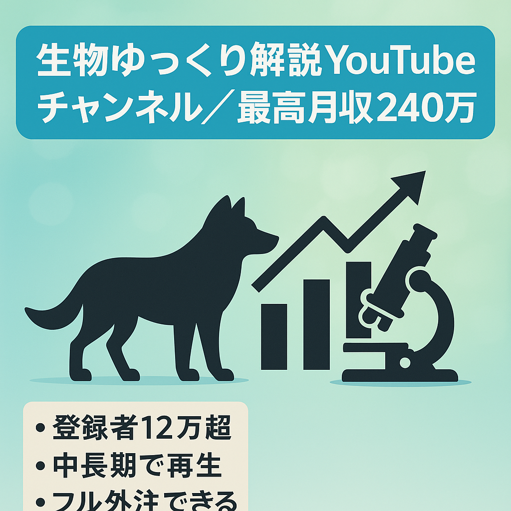 【YouTube登録者12万超】⚫︎最高月収240万⚫︎生物系ゆっくり解説ジャンルで登録者数トップクラス！⚫︎高単価⚫︎フル外注ch！