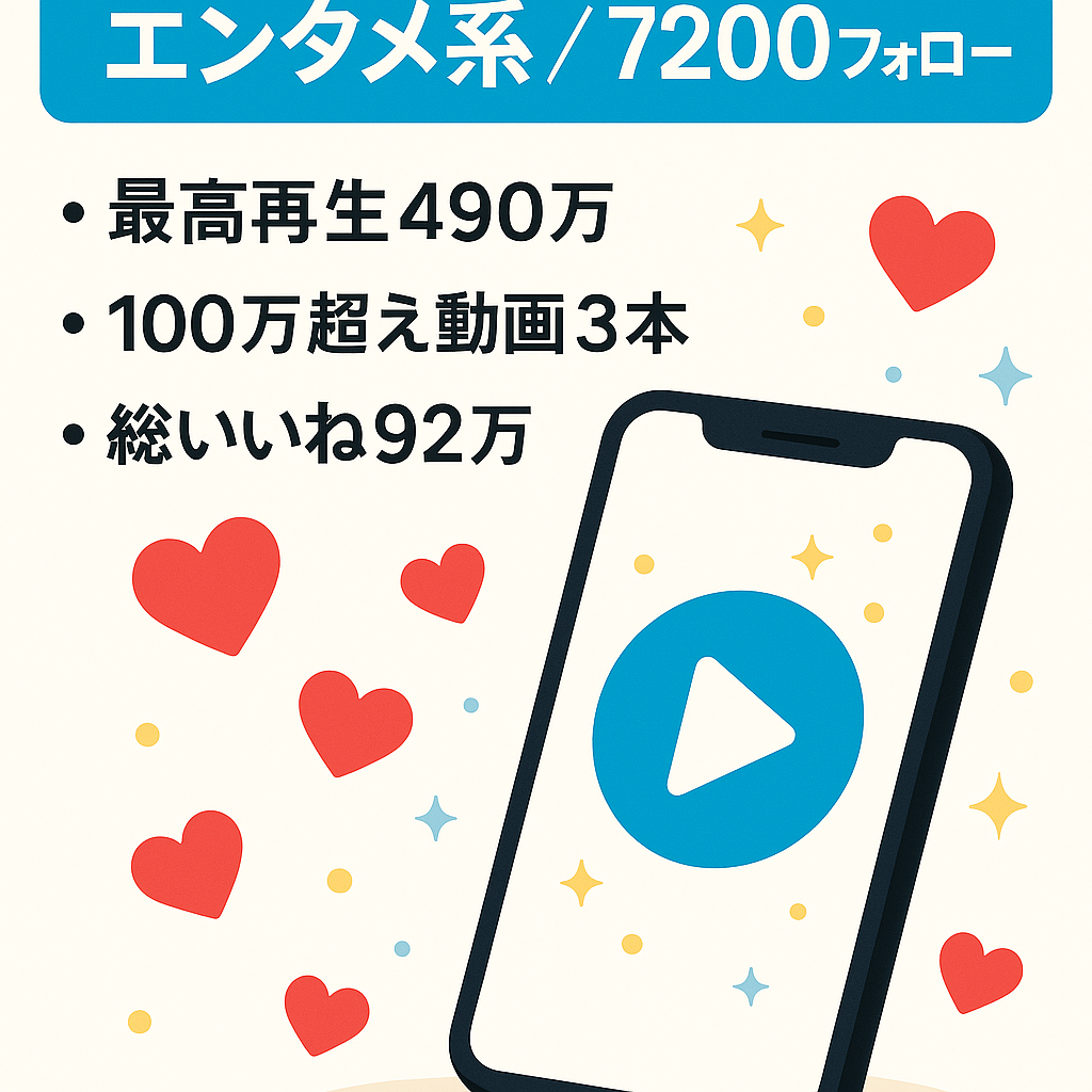 【TikTokフォロワー7200人以上】最高490万再生！100万再生超え動画複数！属人性なしエンタメ系アカウント