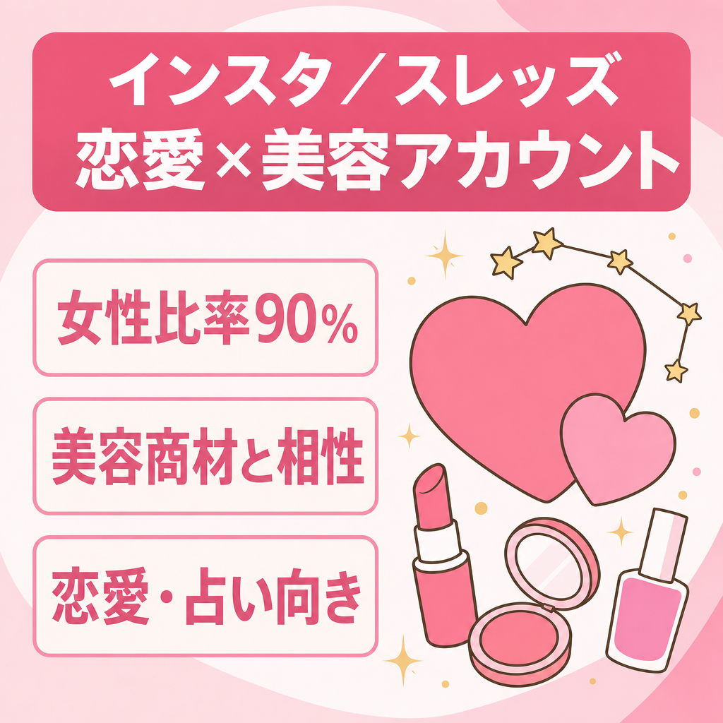 女性フォロワー90％。恋愛美容系アカウント。インスタグラム＋スレッズアカウント