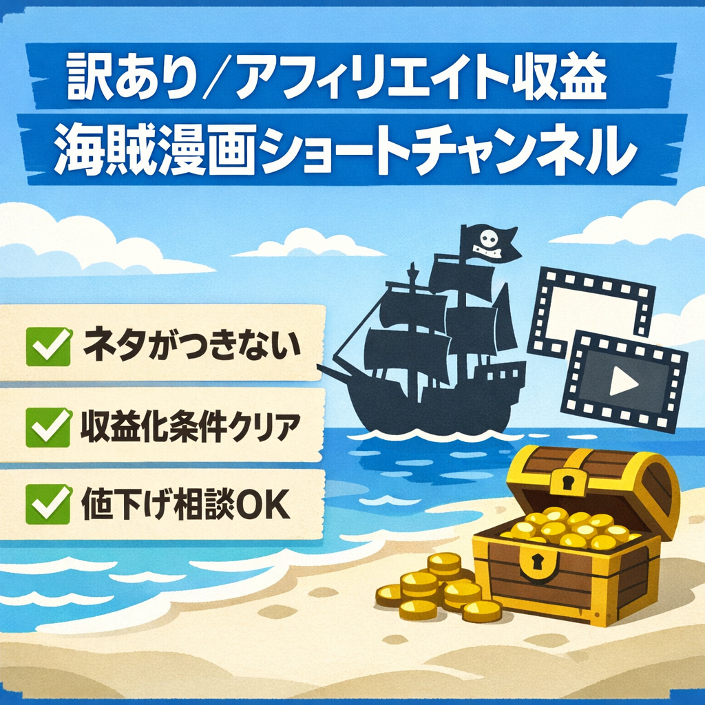 【訳あり/アフィリエイト収益】大人気海賊漫画のショートチャンネル【値下げ交渉大歓迎】