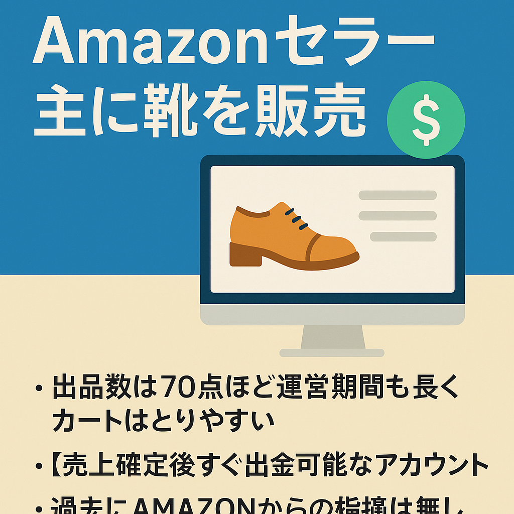 EC事業：Amazonセラー　主に靴を販売　：約９年運営のアカウント　希少なペイミーがあります　売上確定後すぐに出金できるので　資金繰りもしやすい