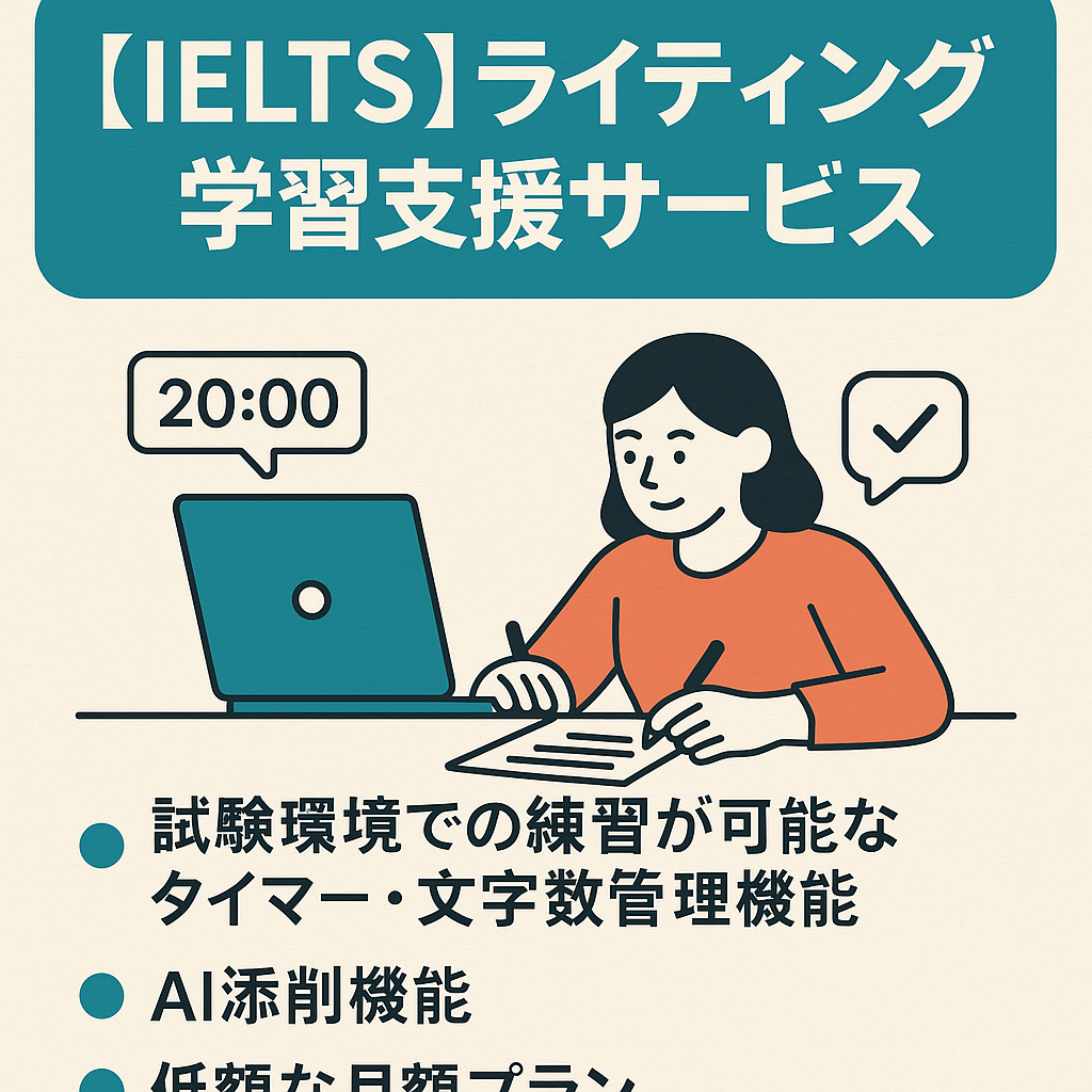 現在進行中のIELTSライティング学習支援サービス。広告CTR5.5%、月額1000円前後の3段階プラン展開中。200ユーザーを保有し、AI添削機能も搭載。