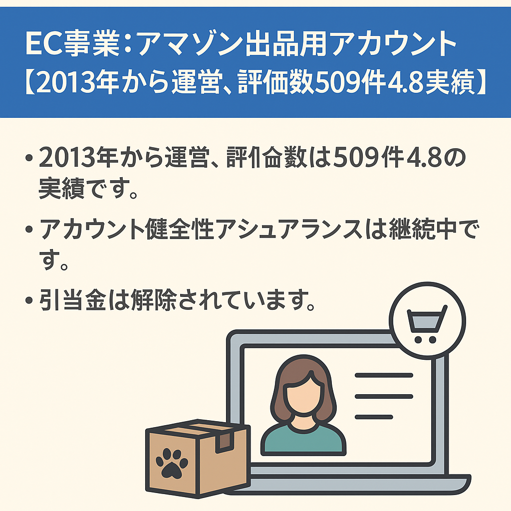 EC事業：アマゾン出品用アカウント「2013年から運営、評価数509件4.8の実績、アカウント健全性アシュアランス、引当金解除、FBA利用・大口、ペット用品と日用品強い」
