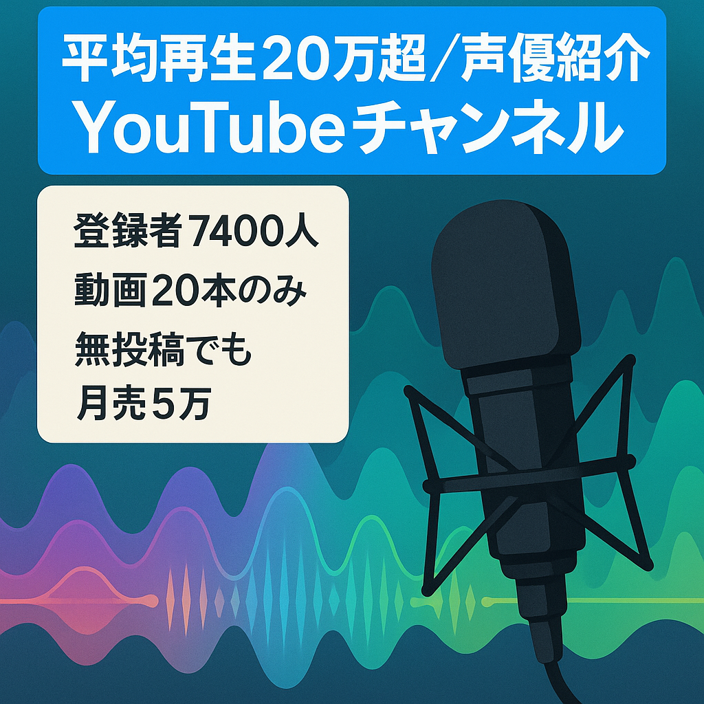 【平均再生回数20万超え登録者7400人】動画本数20本、1年未投稿でも売上月5万円、声優紹介YouTubeチャンネル