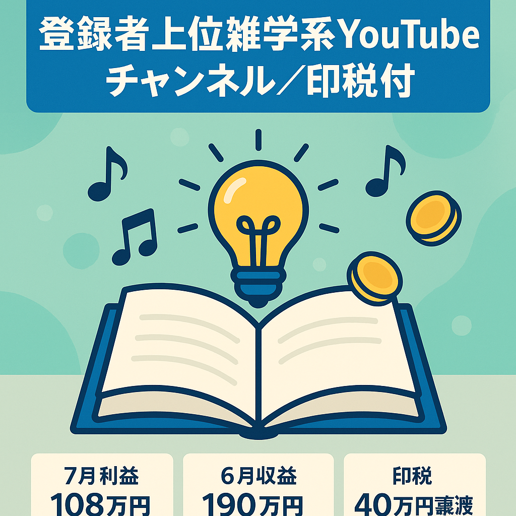 【7月利益108万円！】登録者数ジャンル内トップクラスの雑学系YouTubeチャンネル【BGM使用による印税収入あり！また既に発生している約50万円分お譲りします】