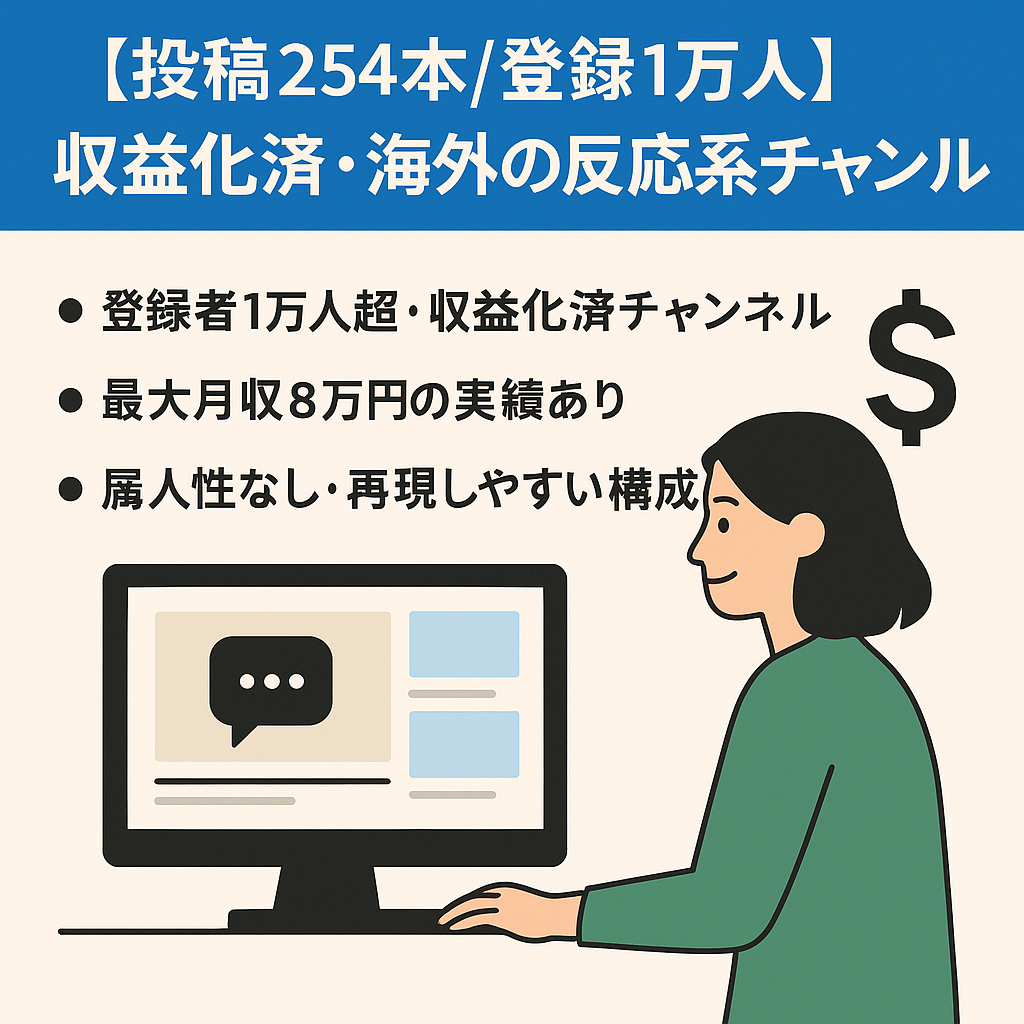 【投稿254本/登録1万人】収益化済・海外の反応系チャンネル｜即決特典あり・最大月収8万円