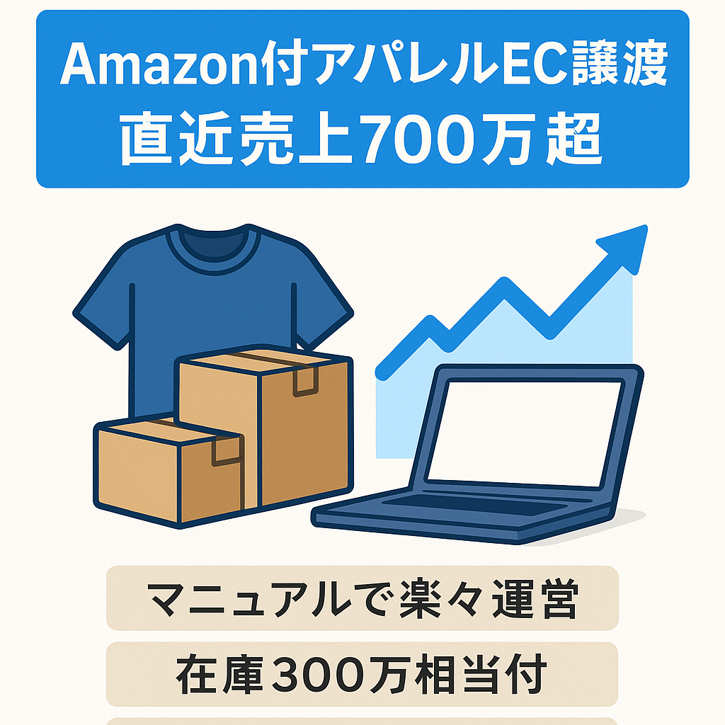 【直近６ヶ月で700万超えAmazonアカウント含むEC事業譲渡】【マニュアル付き】【300万相当の在庫付き】【商標登録ブランド】【アパレル】