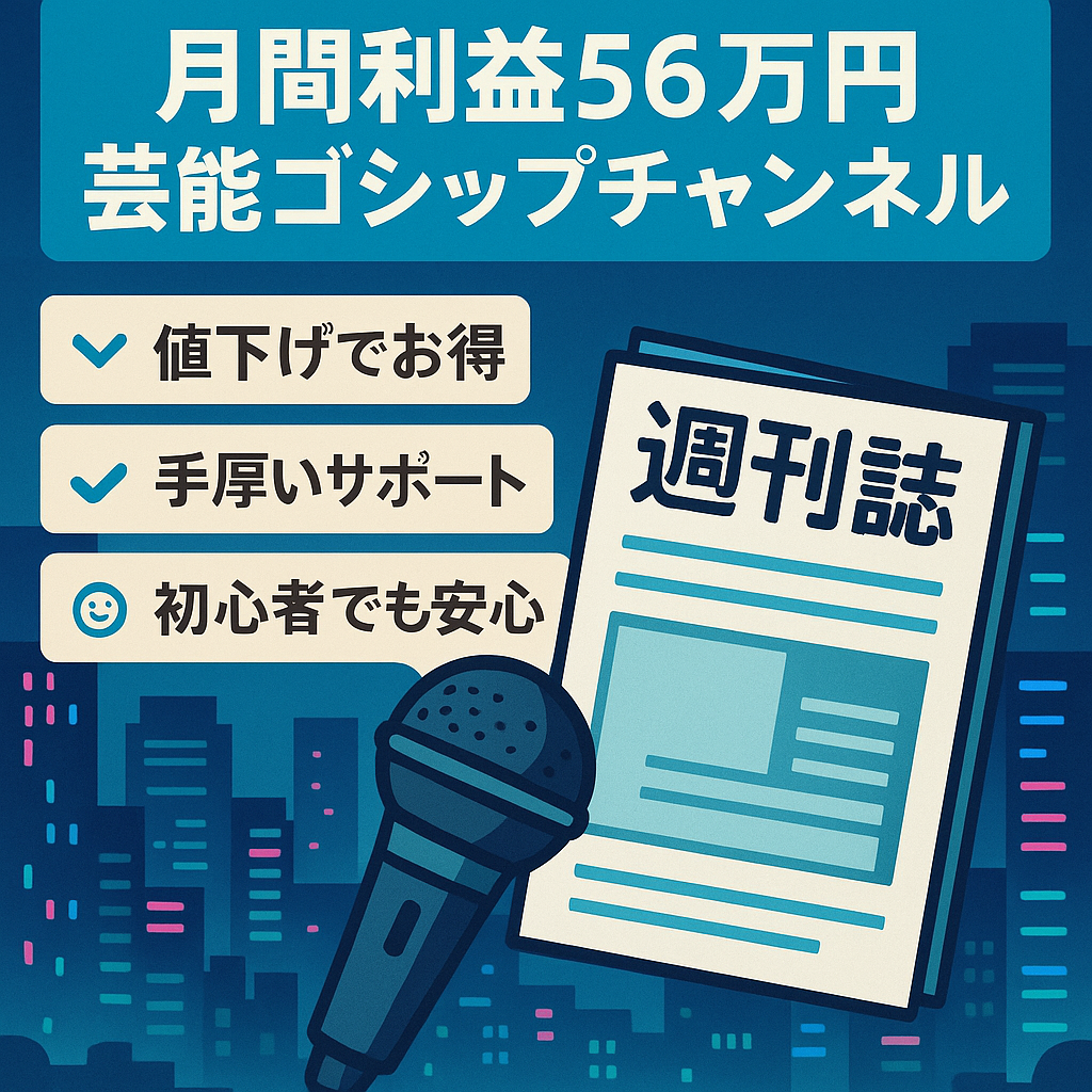 【値下げ】【月間利益56万円】芸能ゴシップ系Youtubeチャンネル【初心者でもカンタン】