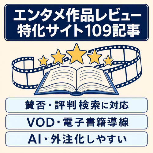 【引継サポート】エンタメ「作品レビュー・評判」特化サイト｜109記事｜SEO最適化済み｜VOD・原作コミックAFF高成約｜話題性重視サイト