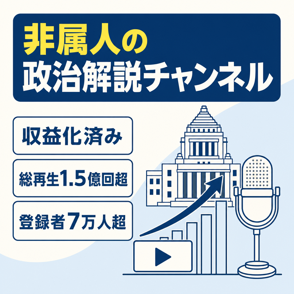 収益化済【政治系ジャンル】非属人 /政治解説ジャンル/ 総再生1億5000万超え／登録者7万人超え /