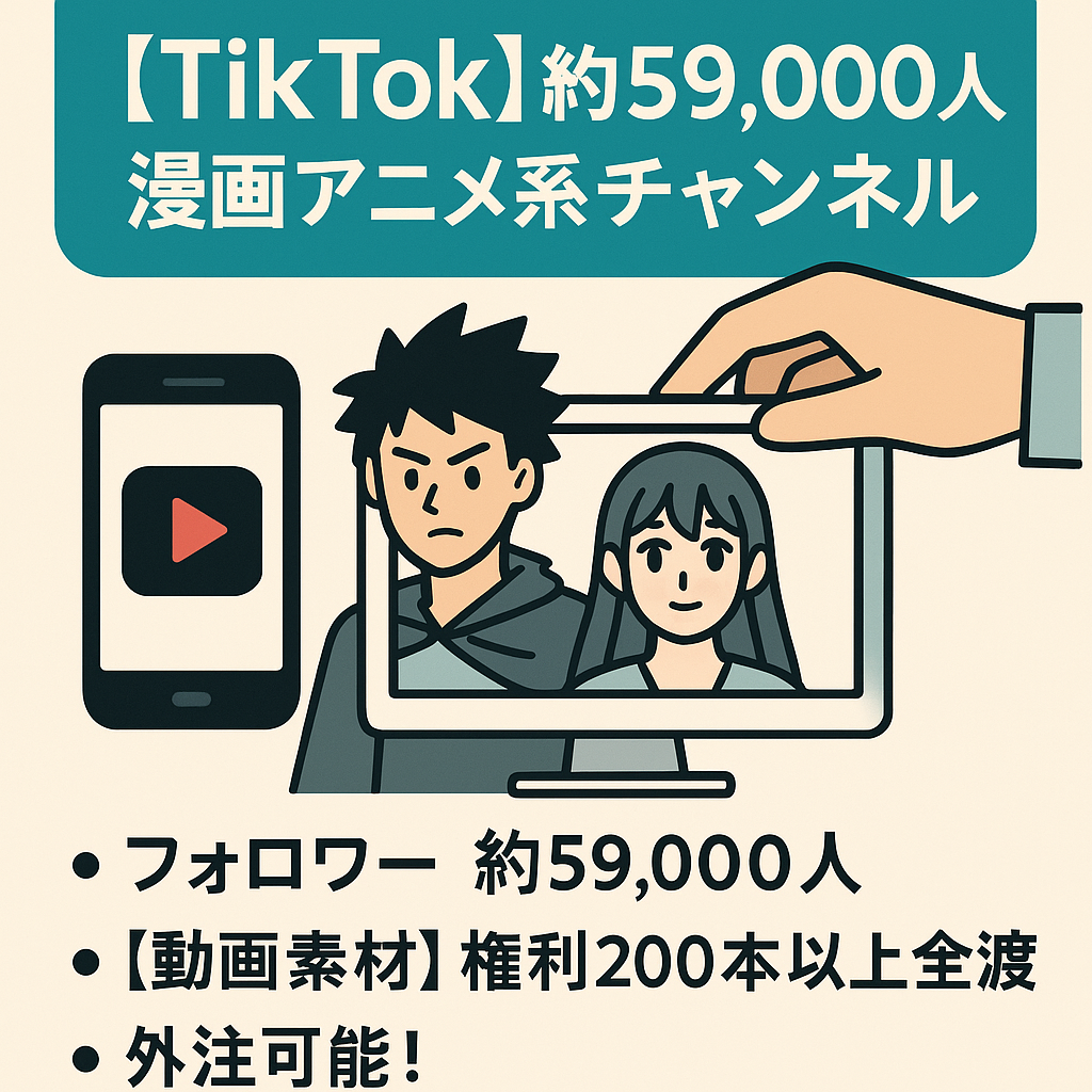 Tiktok 59,000 人 アカウント譲渡  漫画アニメ系チャンネル 動画素材も全て譲渡