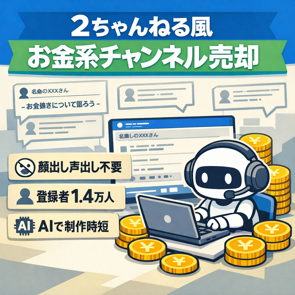 【顔出し・声出し不要】2chスレ風お金系チャンネル/登録者1.4万人！AI台本、AI画像生成など大幅に時短可能！
