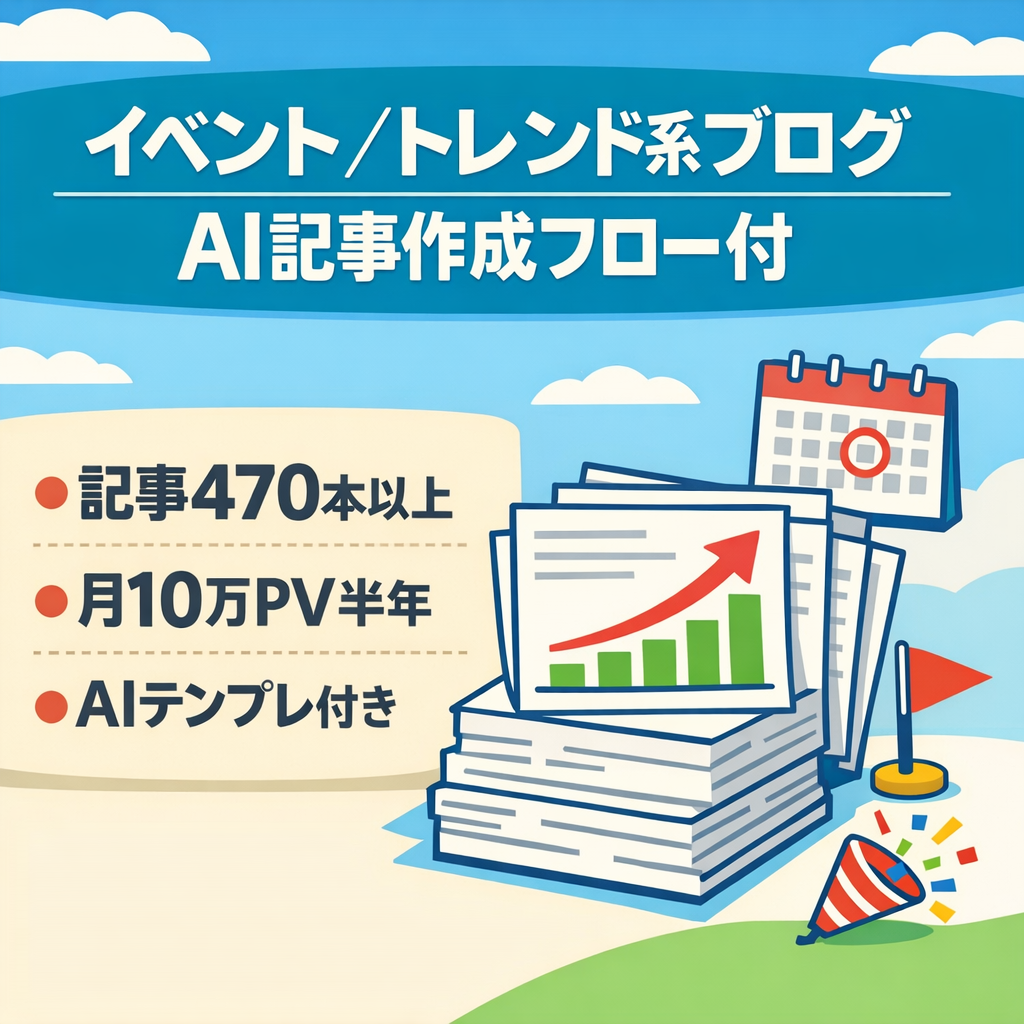 【記事470本以上】10万PV超の実績あり・イベント×トレンド系ブログ｜AI記事作成フロー特典付き