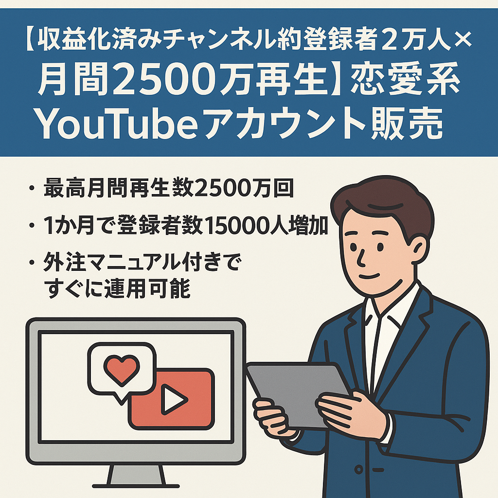 【収益化済みチャンネル約登録者2万人×月間2500万再生】恋愛系YouTubeアカウント販売｜外注マニュアル＆即運用OK