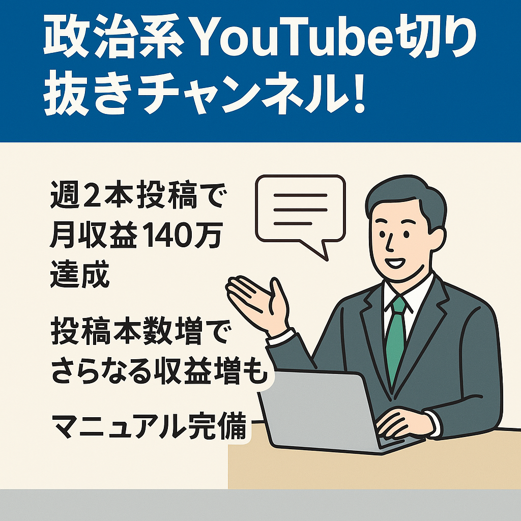 最終値下げ！【8月収益140万円！現在爆伸び中!!】政治系YouTube切り抜きチャンネル！週２投稿でOK！