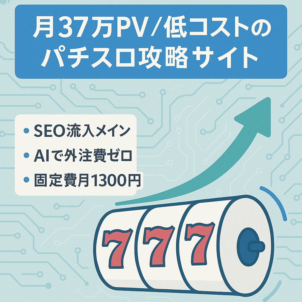 最終値下げ！【最高37万PV・月利8.9万円】AI活用・低コスト運営のパチスロ攻略サイト
