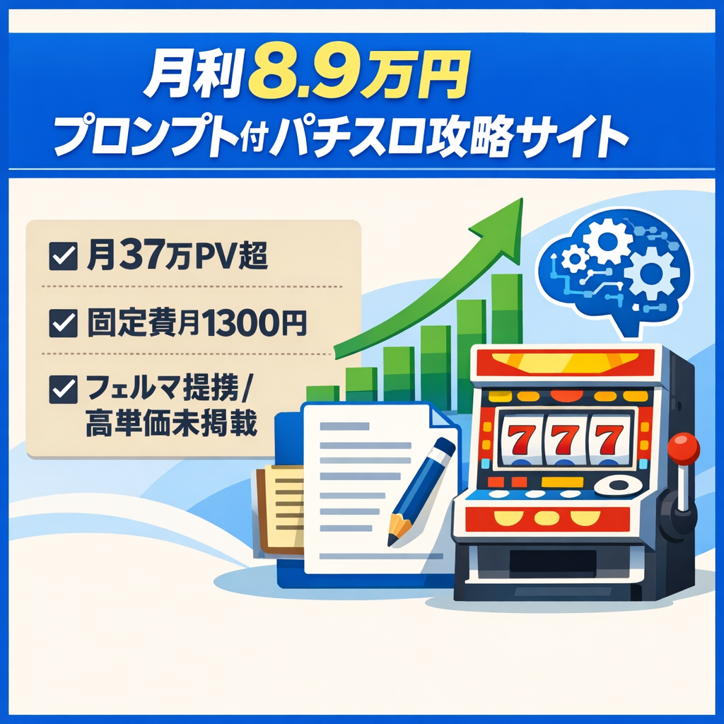【最高37万PV・月利8.9万円】AI記事作成プロンプト＆マニュアル付のパチスロ攻略サイト