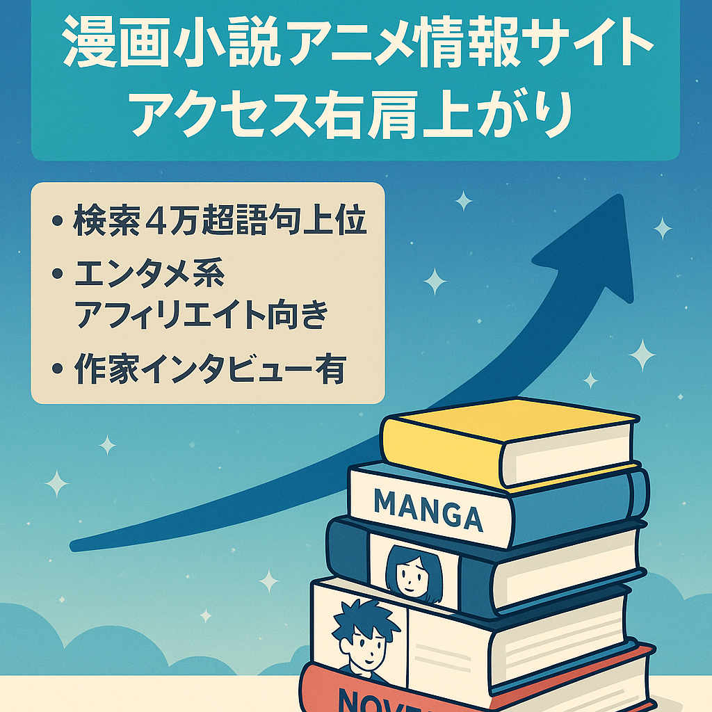 【アクセス右肩上がり】特定ジャンルの漫画・小説・アニメ情報サイト。vol40,000〜のビッグKWで上位表示中。まだまだ伸びしろあり。