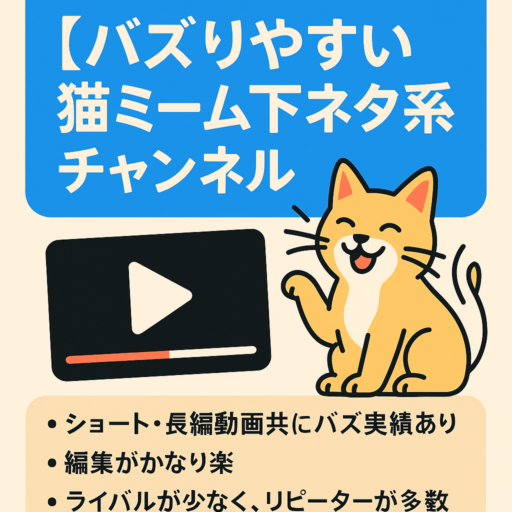 【投稿開始3ヶ月で登録者20,000人超え・総再生数2,000万回以上！】バズりやすい猫ミーム下ネタ系動画チャンネル。【編集超簡単／大手チャンネル】