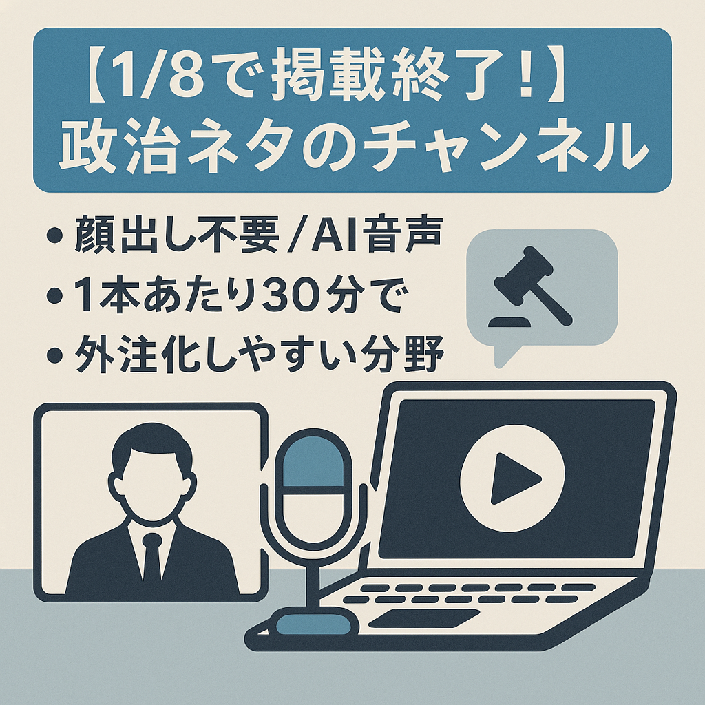 【1/8で掲載終了！購入の方に1月分収益＆動画ストック特典付き】政治ネタを中心としたチャンネル