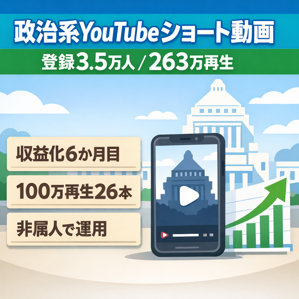 【最高月収31万】YouTubeチャンネル登録者数3.5万人以上！263万再生のバズ実績あり！100万再生以上が26本「政治系」YouTubeショート動画