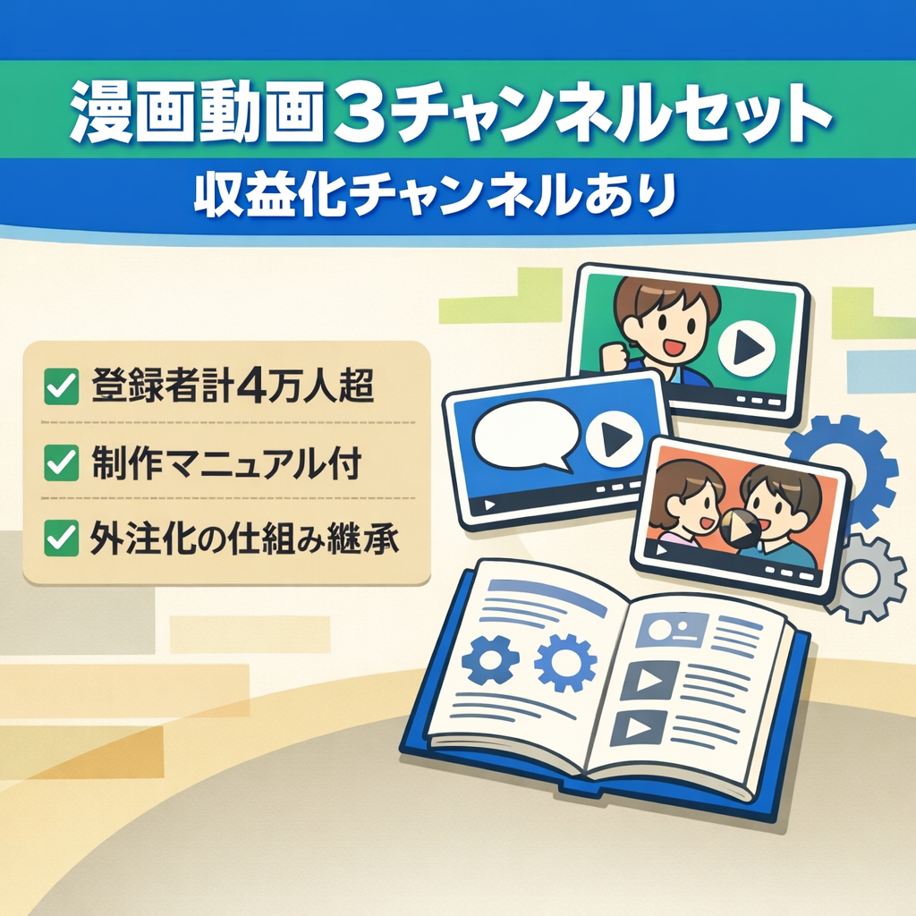訳あり：【収益化ch有の3cnセット】登録者計4万人超！類似ジャンルの漫画動画。共通マニュアルで運用可能。