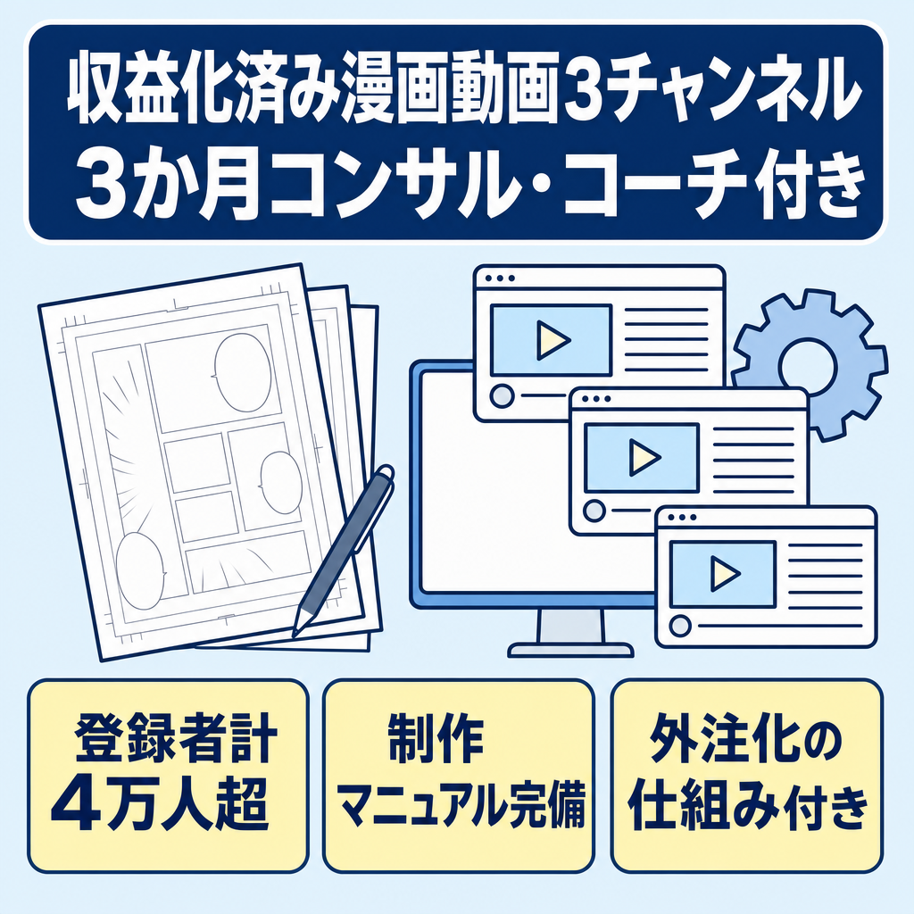 訳あり：3か月コンサル&コーチ付：【収益化ch有の漫画系3cnセット】登録者計4万人超！リサーチから動画制作～外注や運用まで全部教えます。