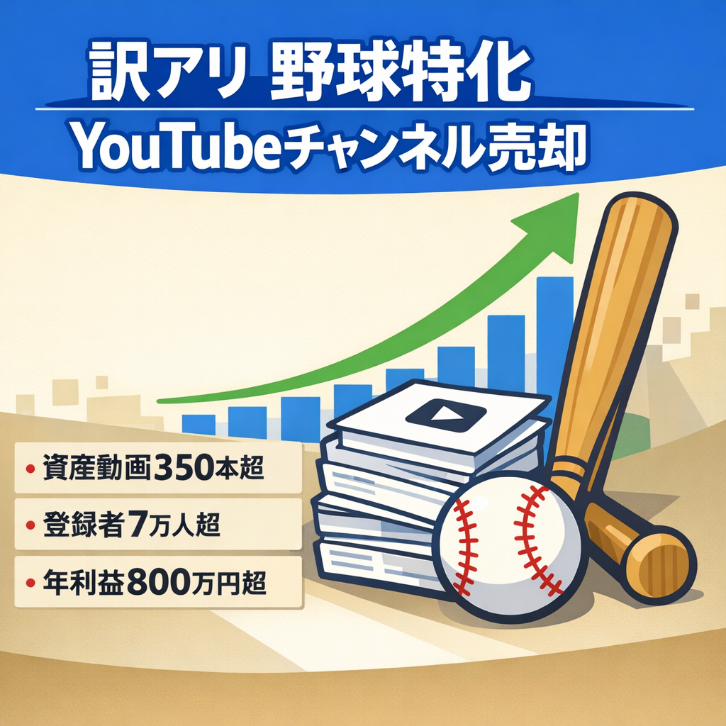 訳アリ【YouTube登録7万人超】年利益800万↑非属人の野球特化CH（企画者&ライター引継ぎ可）