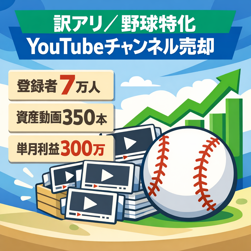 訳アリ【YouTube登録7万人超】長期運営の非属人野球特化CH（企画者&ライター引継ぎ可）