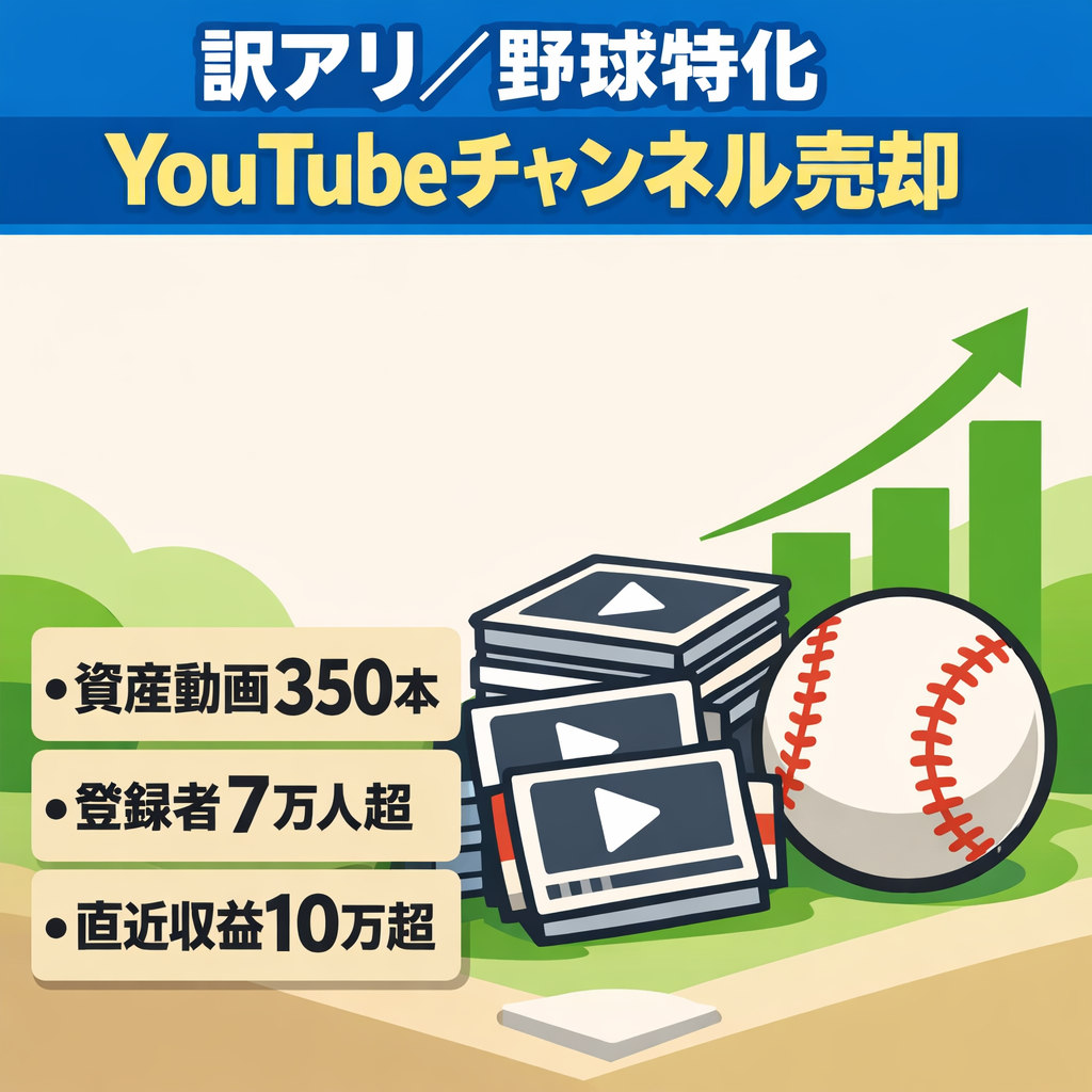 訳アリ【YouTube登録7万人超】長期運営の非属人野球特化CH（企画者&ライター引継ぎ可）