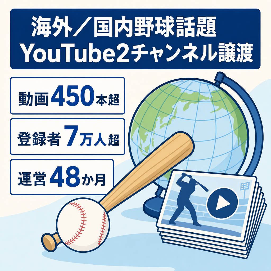 48か月運営中で登録者7万人以上の海外、国内野球の話題を扱う老舗CH（２チャンネル譲渡）