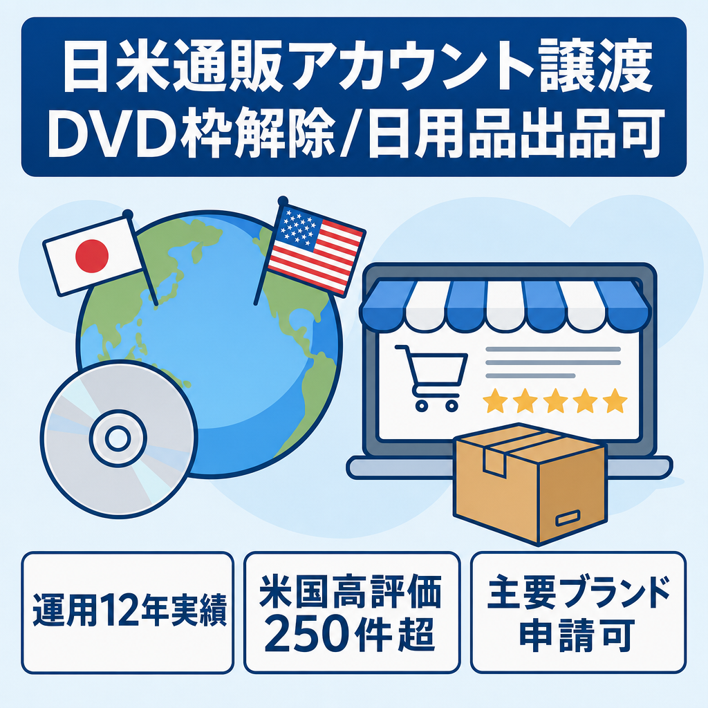 【EC事業 譲渡】日本DVD枠解除済✕米国P&G一部商品が品出可能！主要ブランド申請資格あり・米国レビュー250件超