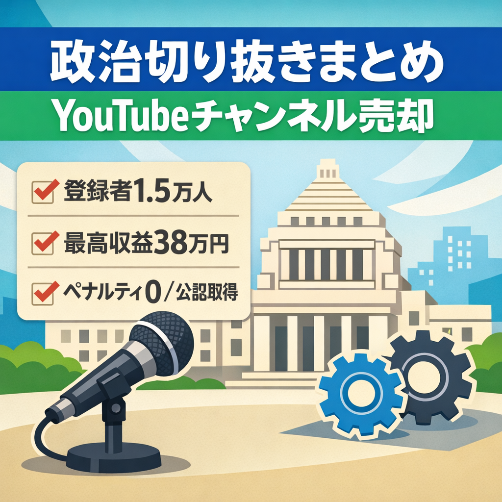 値下げ【登録者15,000人 月利38万円】非属人/フル外注化可能/政治切り抜きまとめYouTubeチャンネル・公認取得済み