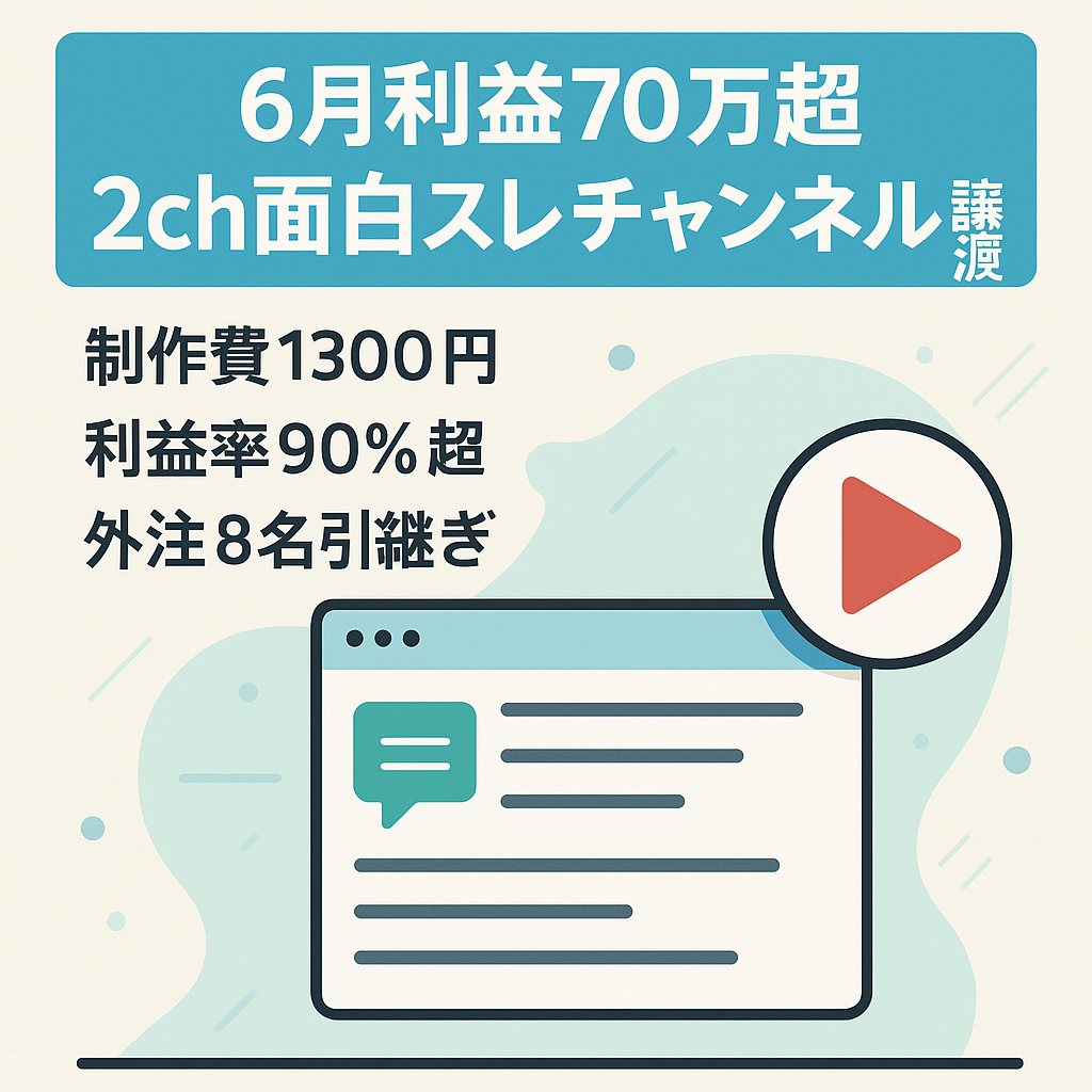 【6月利益７０万超え！平均利益約60万！利益右肩上がり！】外注化2ch面白スレチャンネル譲渡【人気ジャンル！】