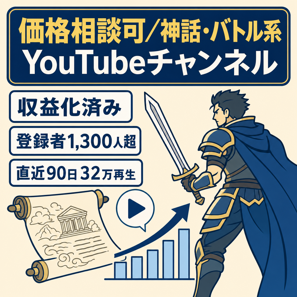 【価格相談可・収益化済み】神話・バトル系YouTube 開設約3ヶ月で登録者1,300人超・直近90日32万再生